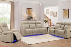10104 - LEATHER POWER RECLINER SET - BEIGE
